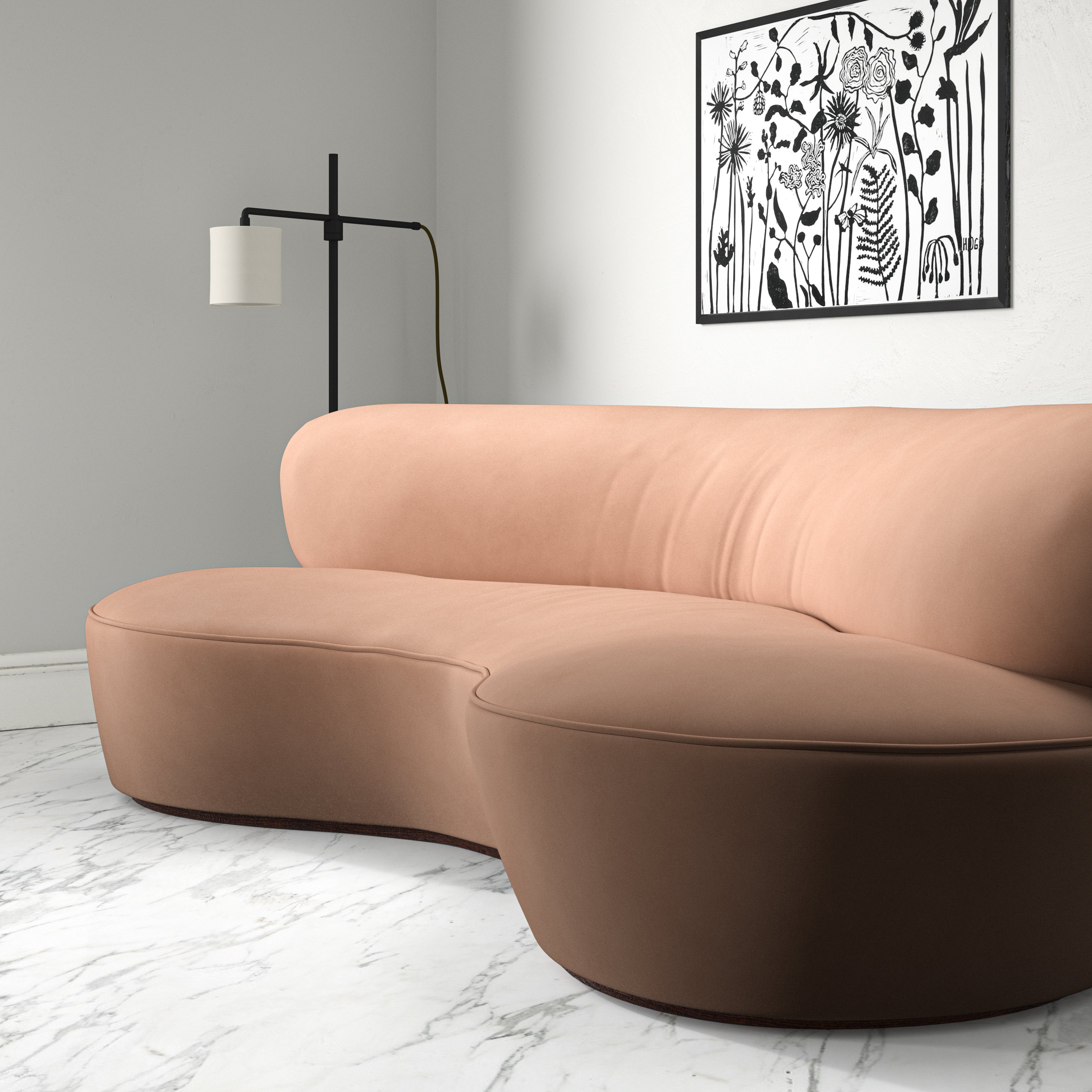 Sofa upholstered in a pink velvet upholstery fabric