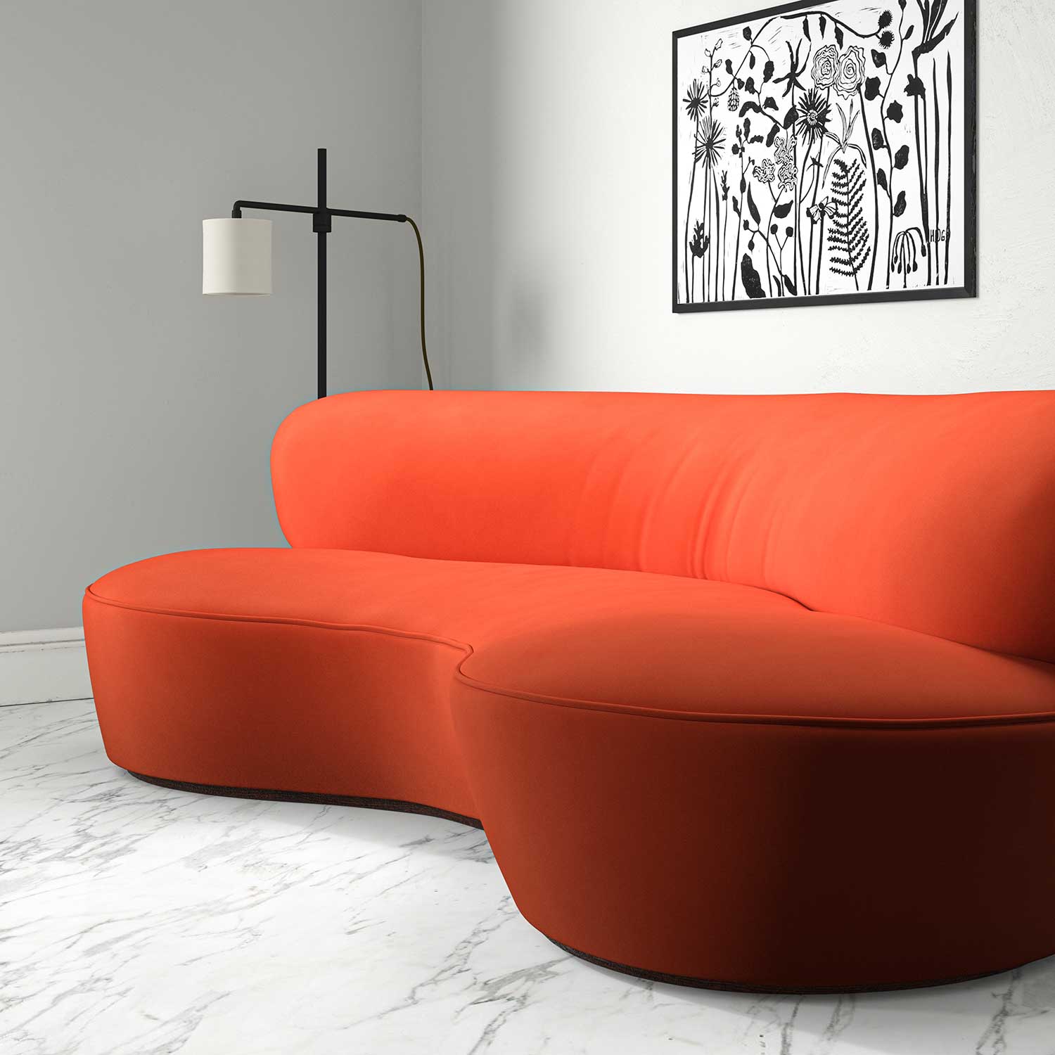 Sofa upholstered in a orange velvet upholstery fabric