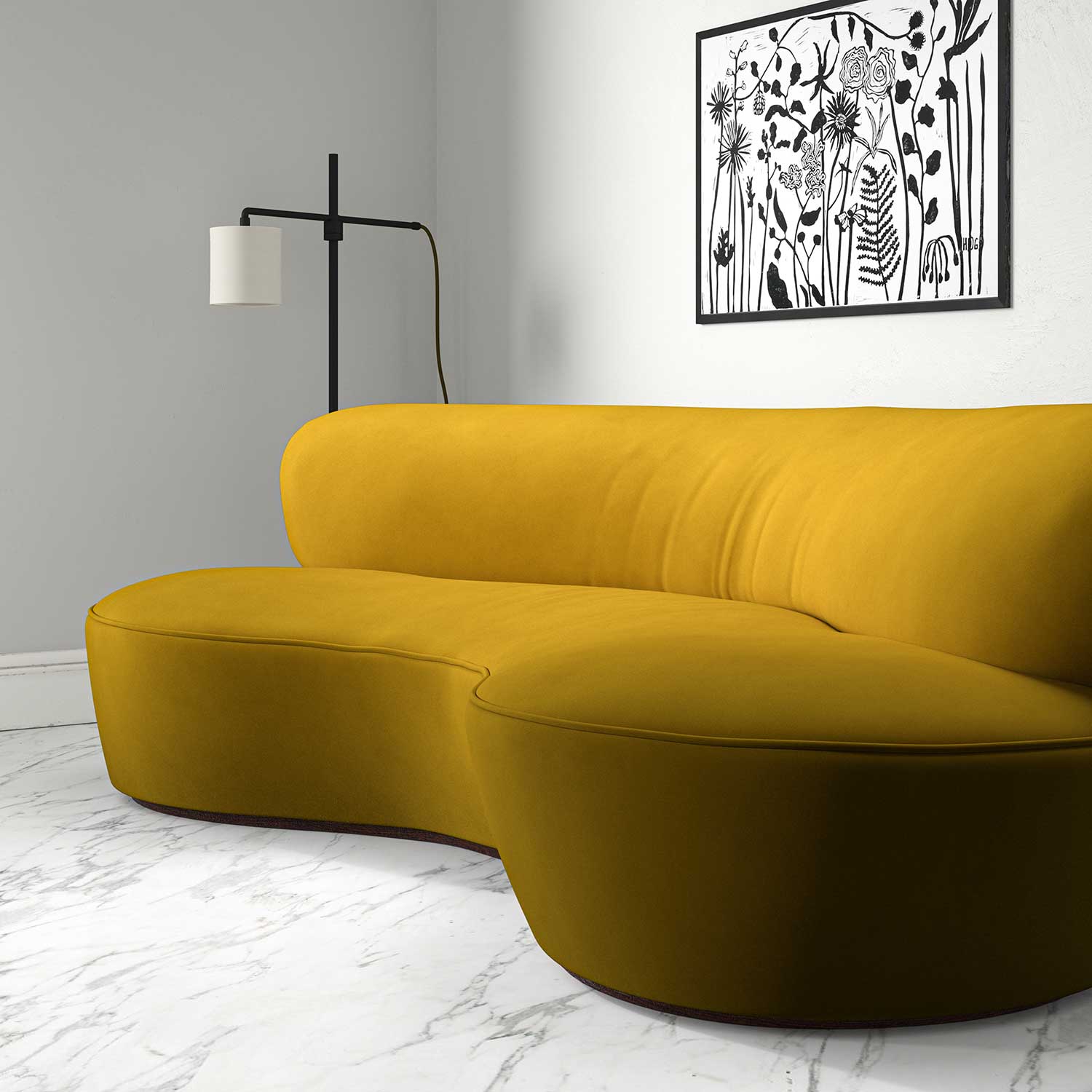 Sofa upholstered in a yellow velvet upholstery fabric