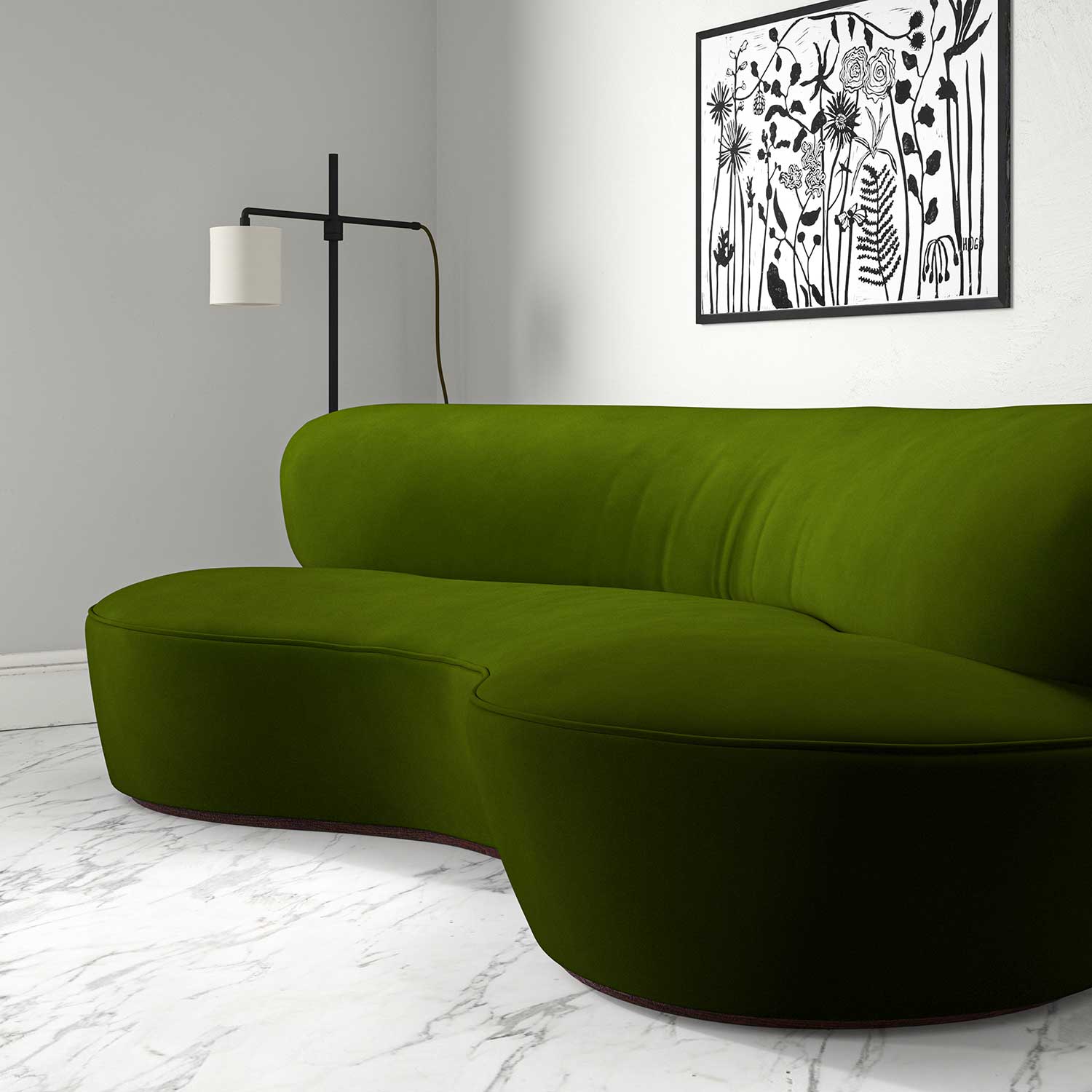 Sofa upholstered in a green velvet upholstery fabric