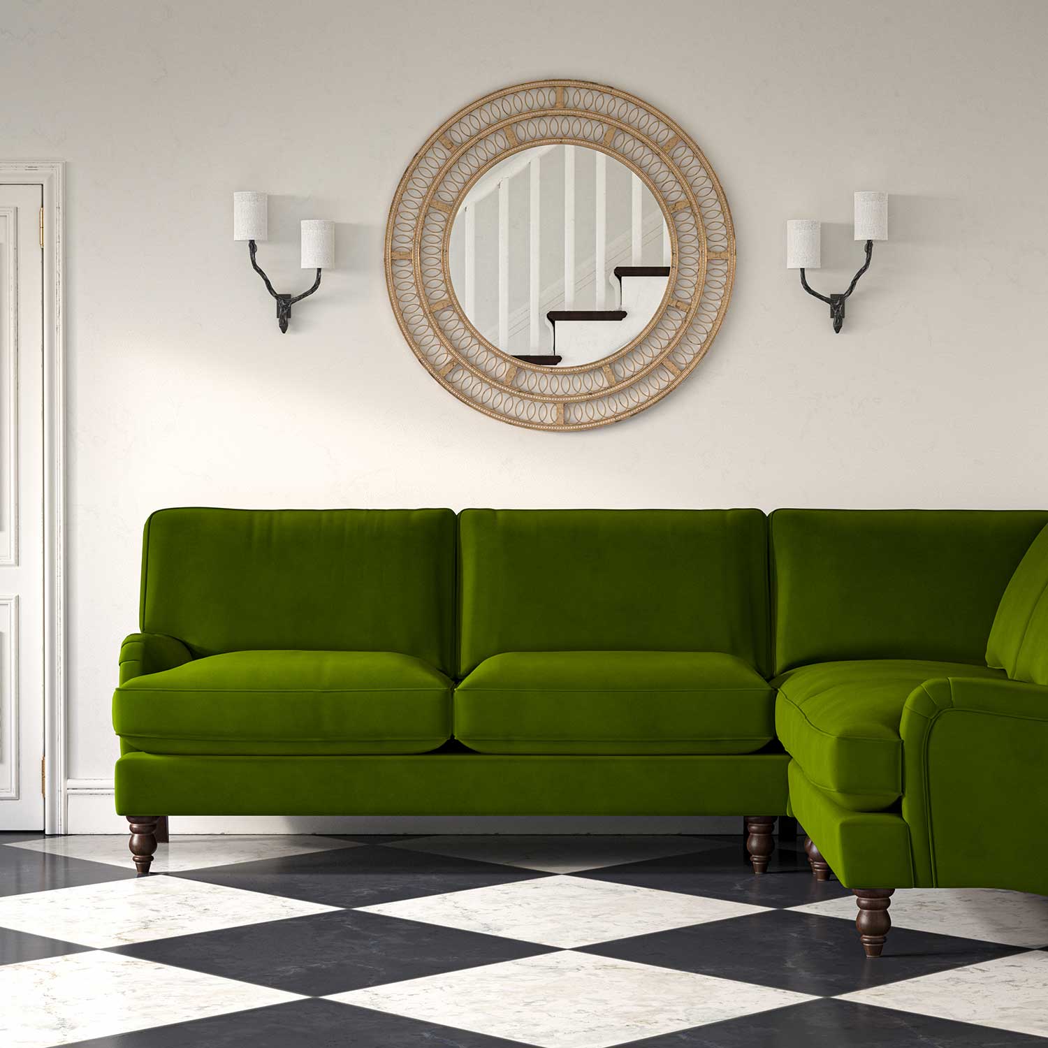 Sofa upholstered in a green velvet upholstery fabric 