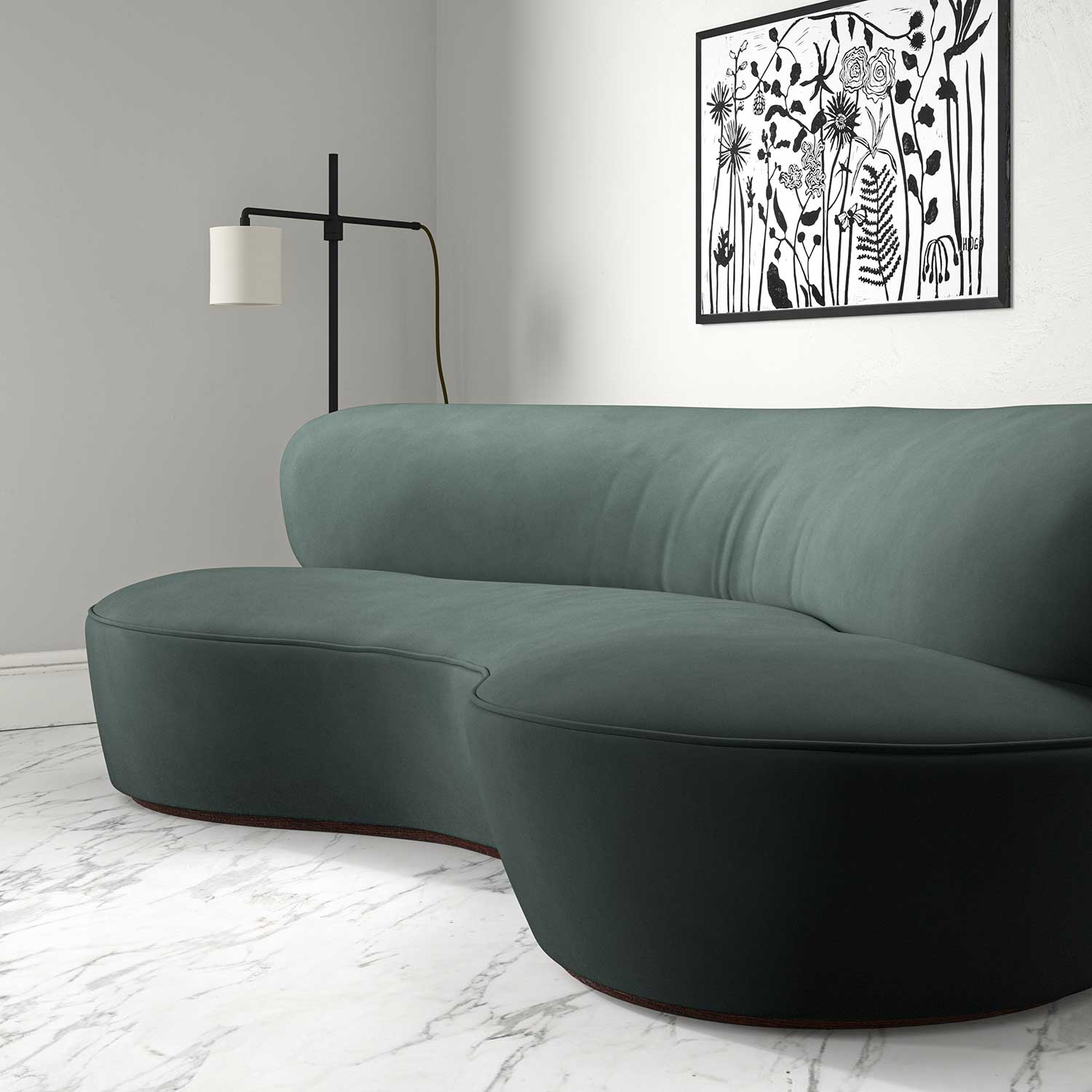 Sofa upholstered in a blue velvet upholstery fabric