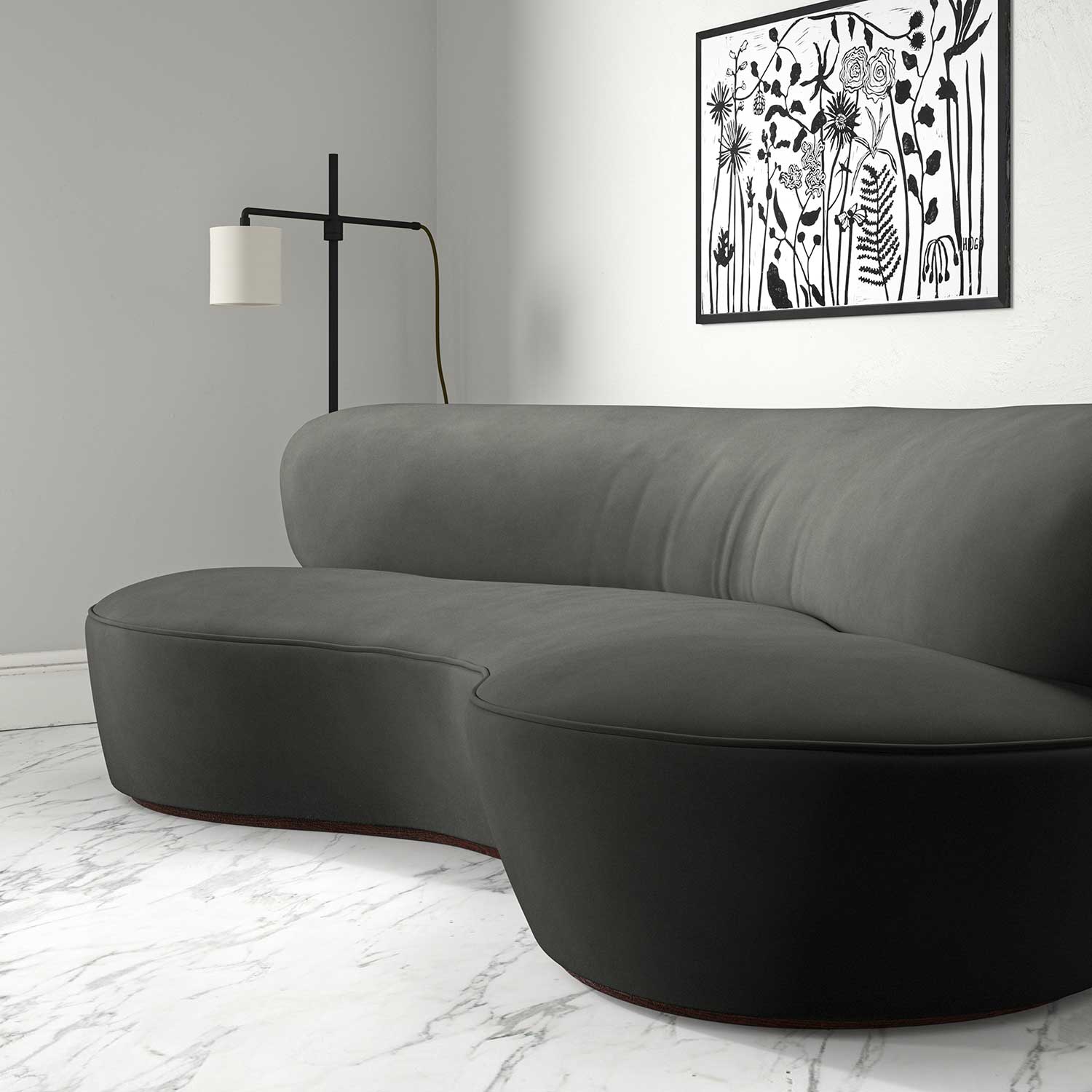 Sofa upholstered in a grey velvet upholstery fabric