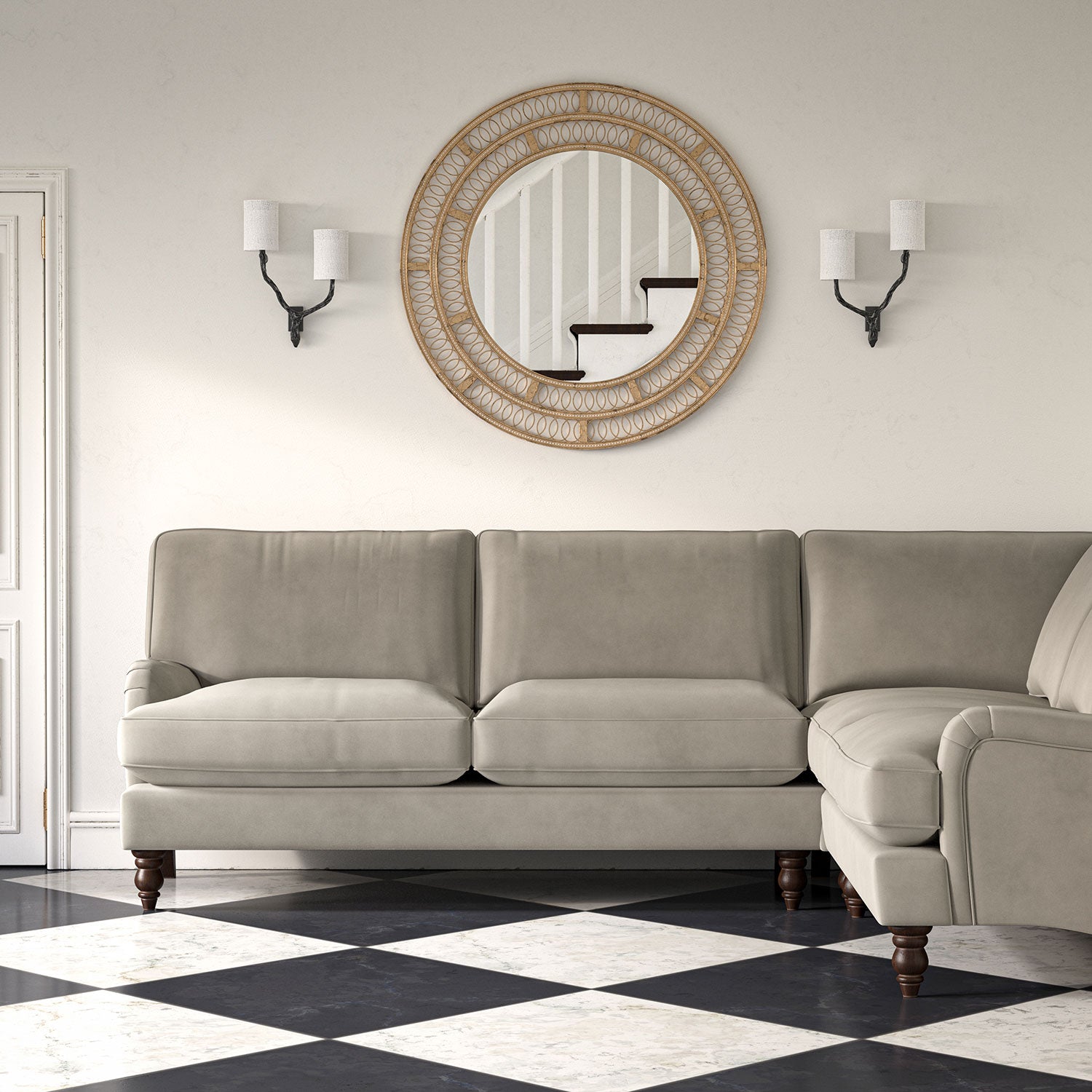 Sofa upholstered in a grey velvet upholstery fabric