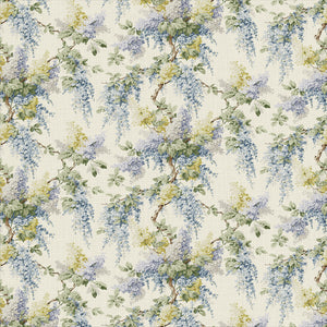 Printed linen fabric with wisteria floral pattern in blue, green and yellow colours for linen curtains, blinds and upholstery.