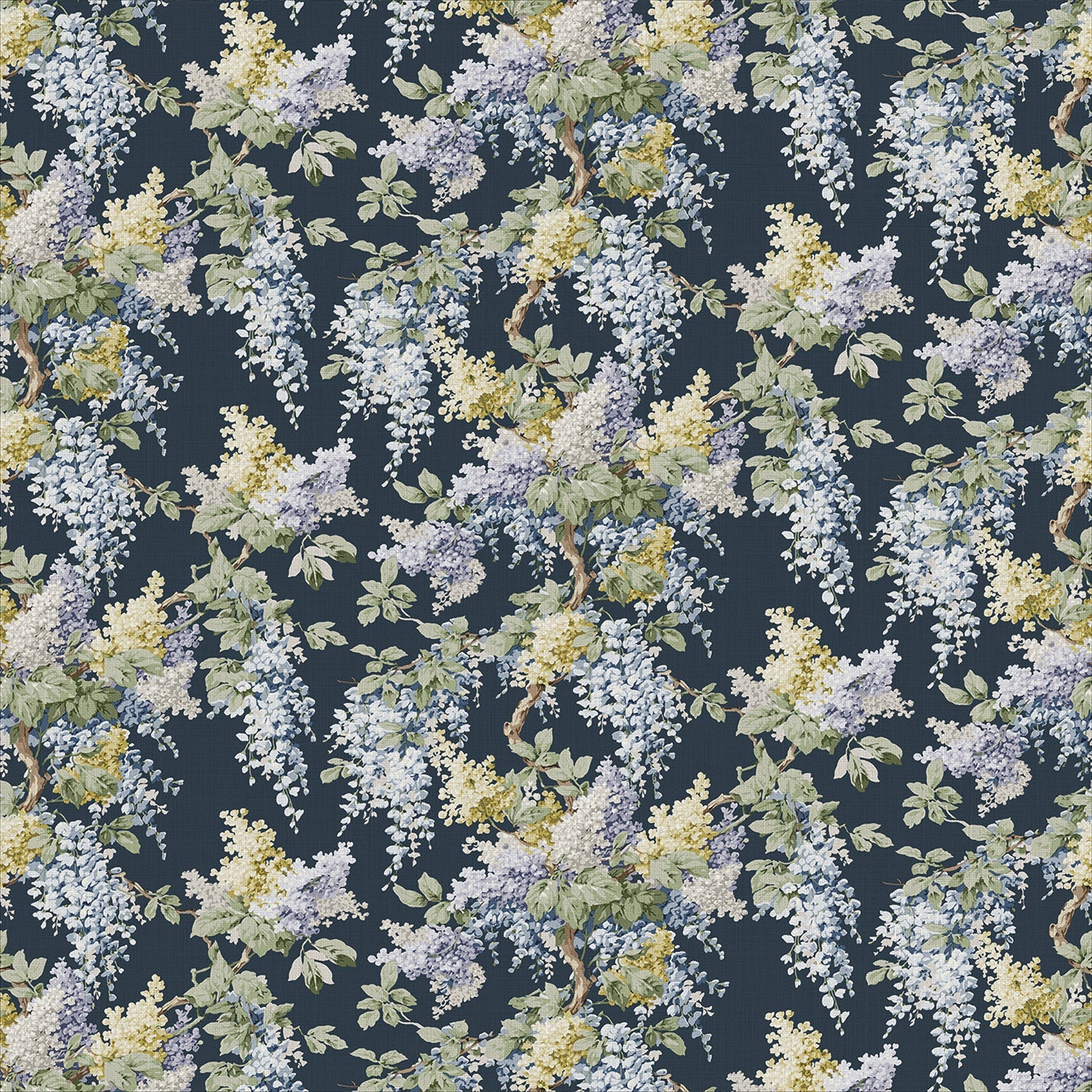 Printed linen fabric with wisteria floral pattern in blue and green colours for linen curtains, blinds and upholstery.