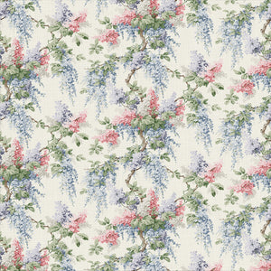 Printed linen fabric with wisteria floral pattern in light colours for linen curtains, blinds and upholstery.