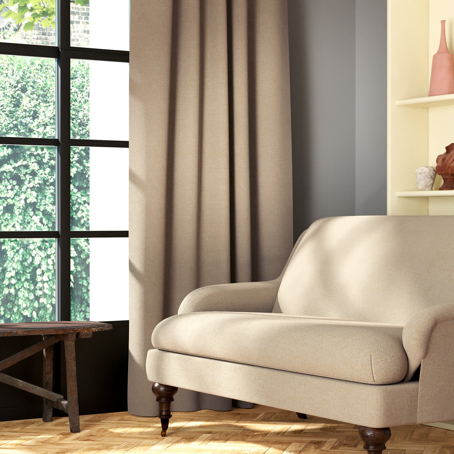 Living room featuring a sofa and curtains in a plain light neutral eco-friendly fabric
