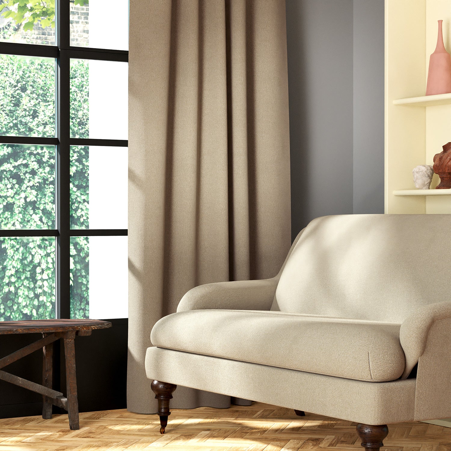 Living room featuring a sofa and curtains in a plain light neutral eco-friendly fabric