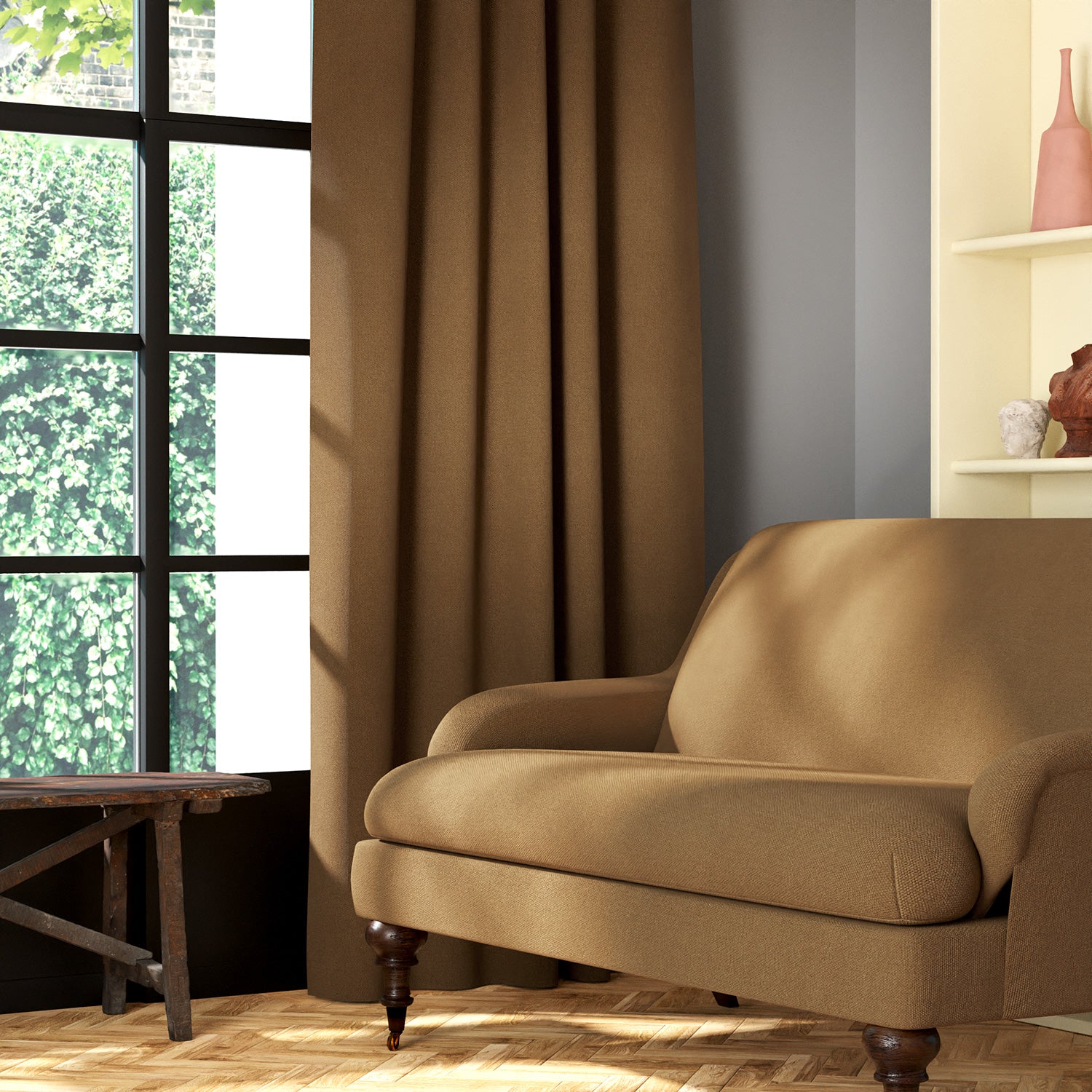 Living room featuring a sofa and curtains in a plain brass coloured eco-friendly fabric