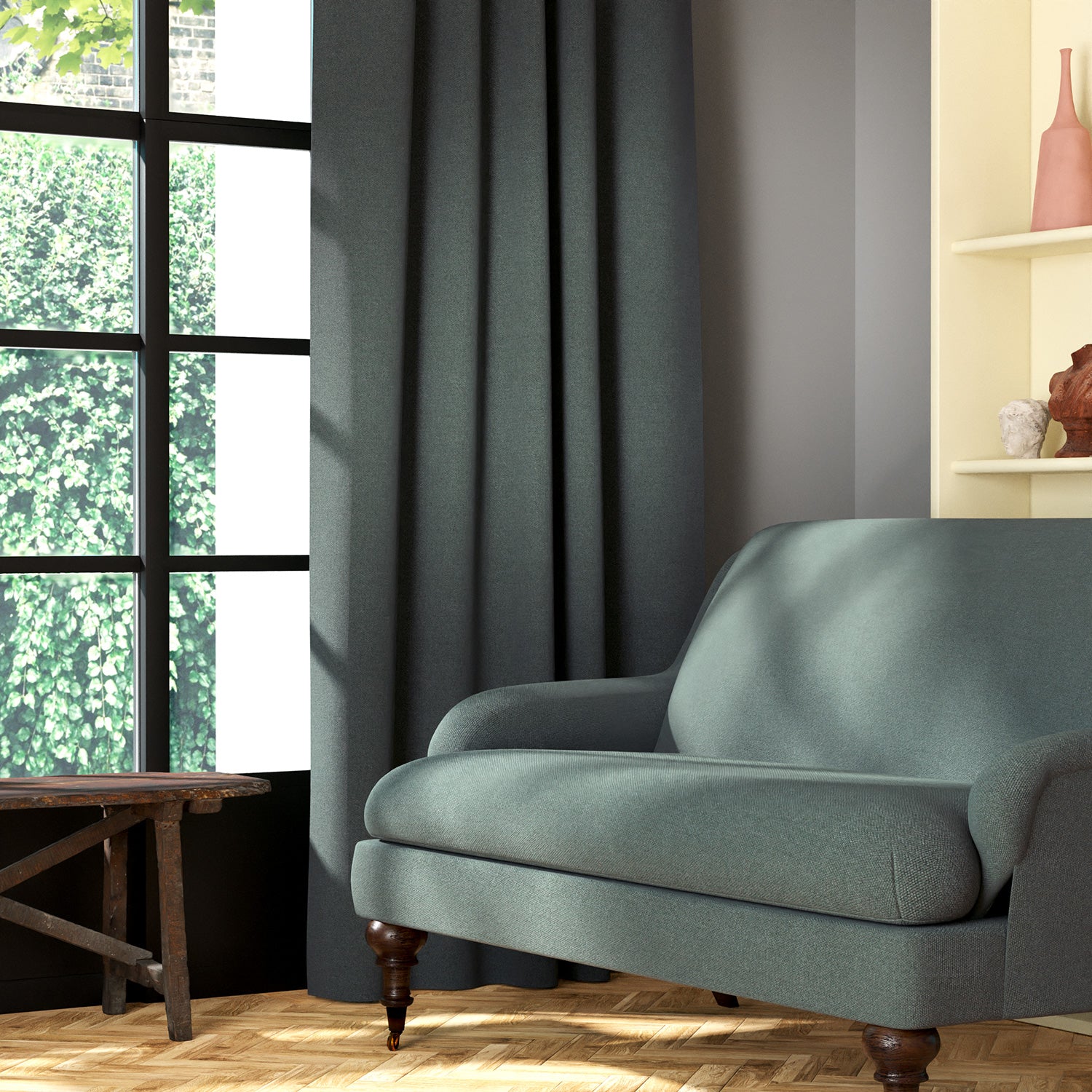 Living room featuring a sofa and curtains in a plain grey eco-friendly fabric