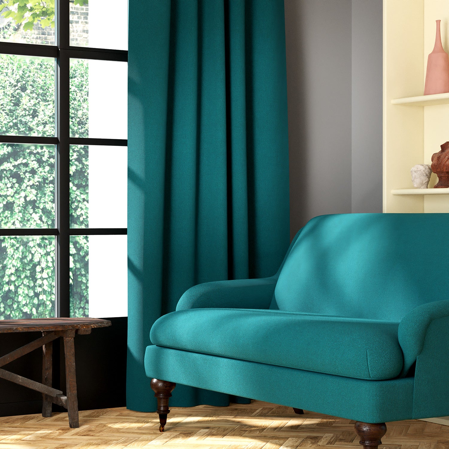 Living room featuring a sofa and curtains in a plain teal eco-friendly fabric