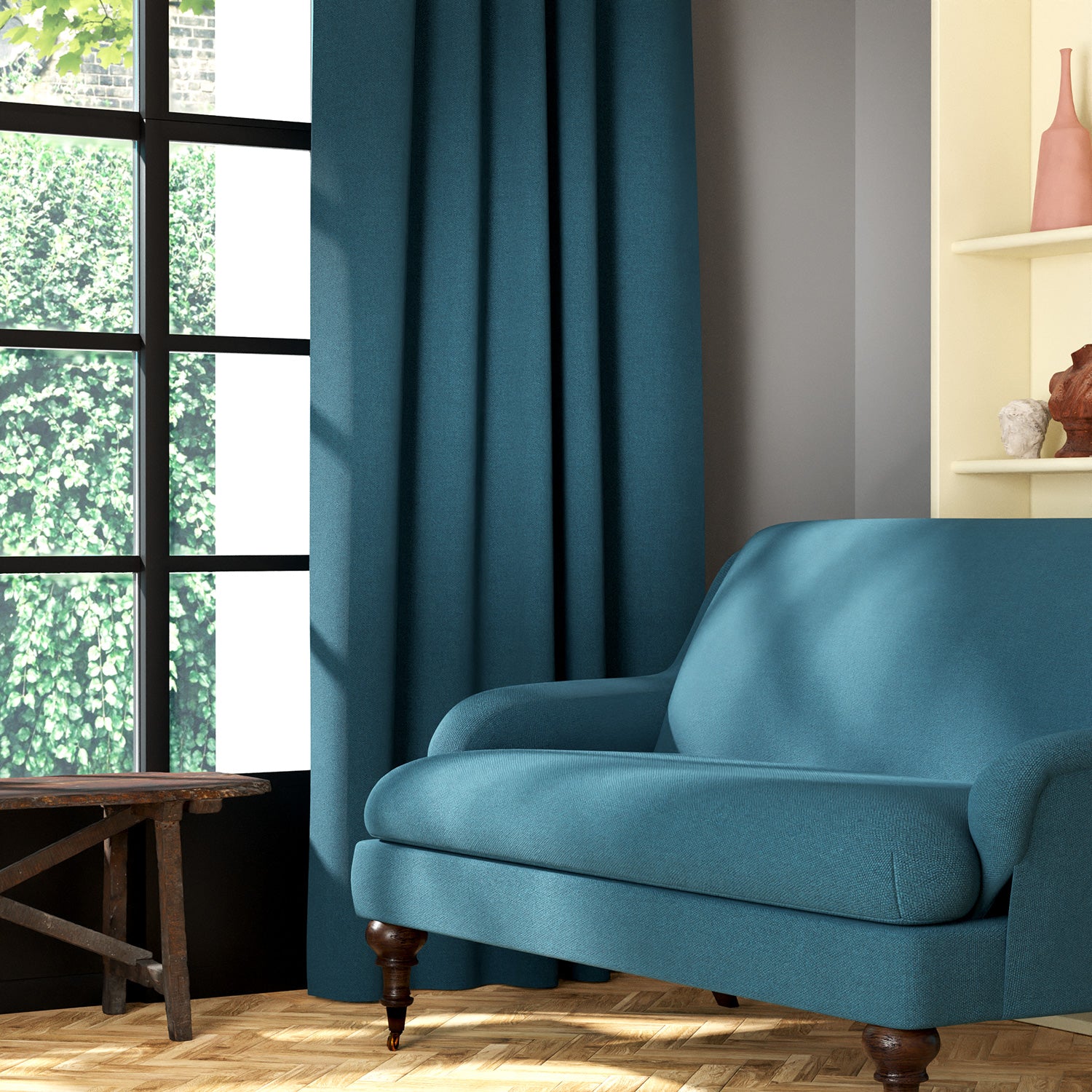 Living room featuring a sofa and curtains in a plain blue eco-friendly fabric