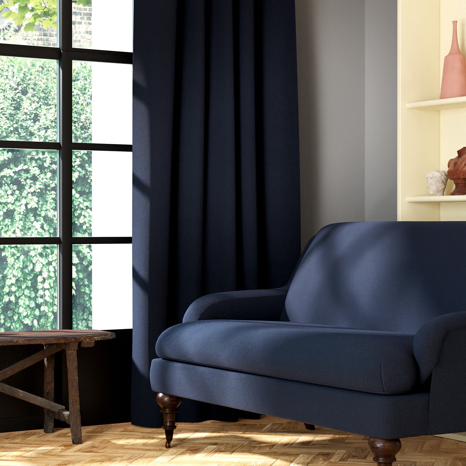 Living room featuring a sofa and curtains in a plain midnight blue eco-friendly fabric