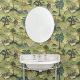 Bathroom with a tropical wallpaper featuring a mystical scenic landscape.