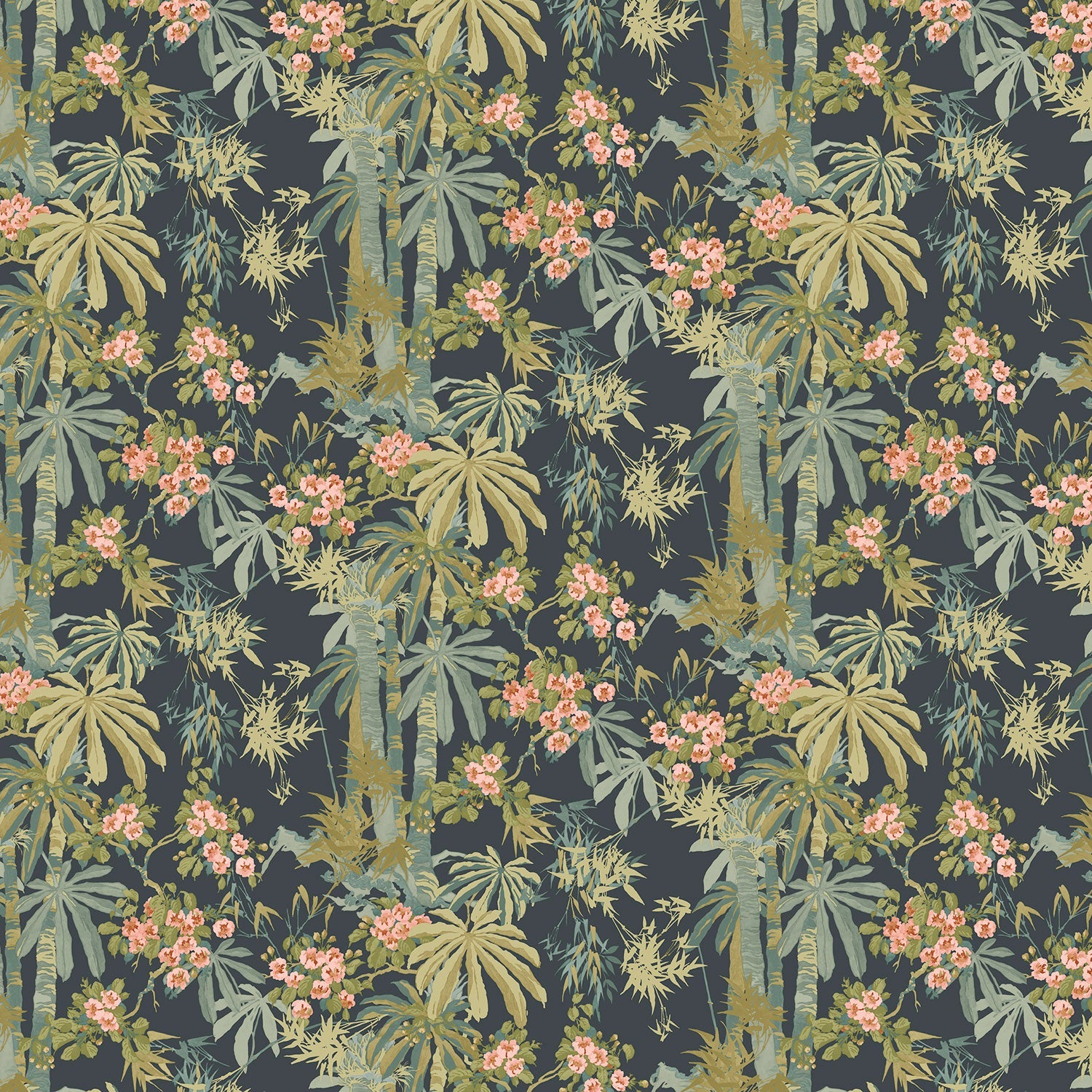 Sample of a tropical wallpaper in navy with exotic, floral blossoms intertwined with bamboo.