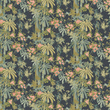 Sample of a tropical wallpaper in navy with exotic, floral blossoms intertwined with bamboo.