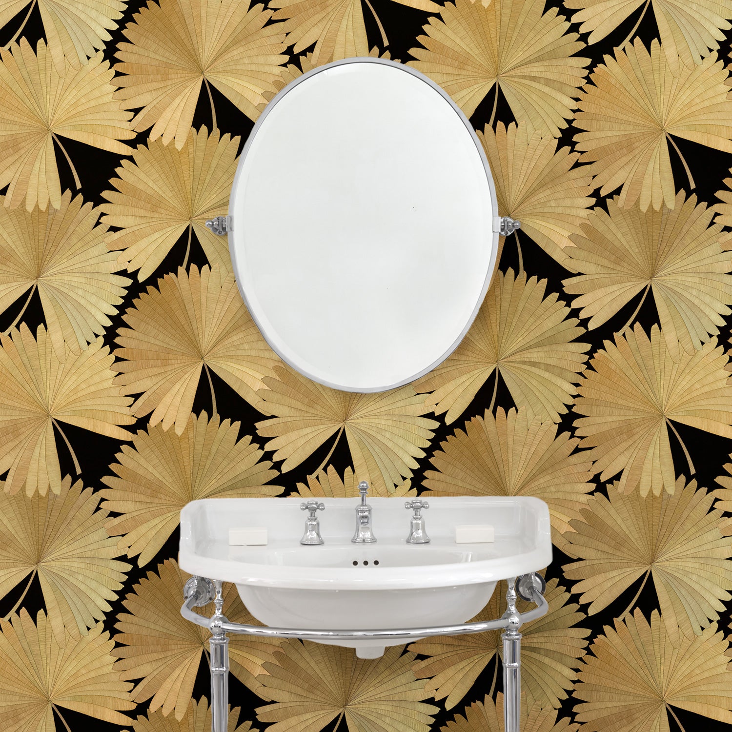 Bathroom showcasing a contemporary floral wallpaper with tropical palms in gold and black.