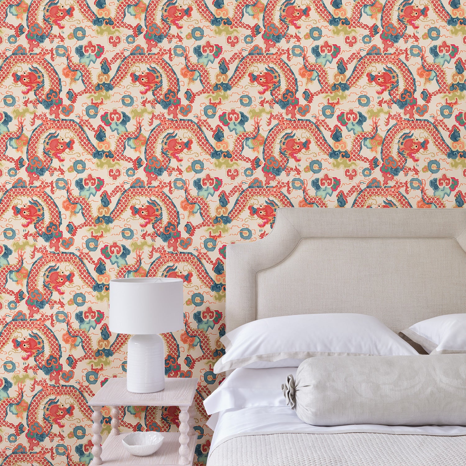 Bedroom with a statement designer wallpaper with dragon design