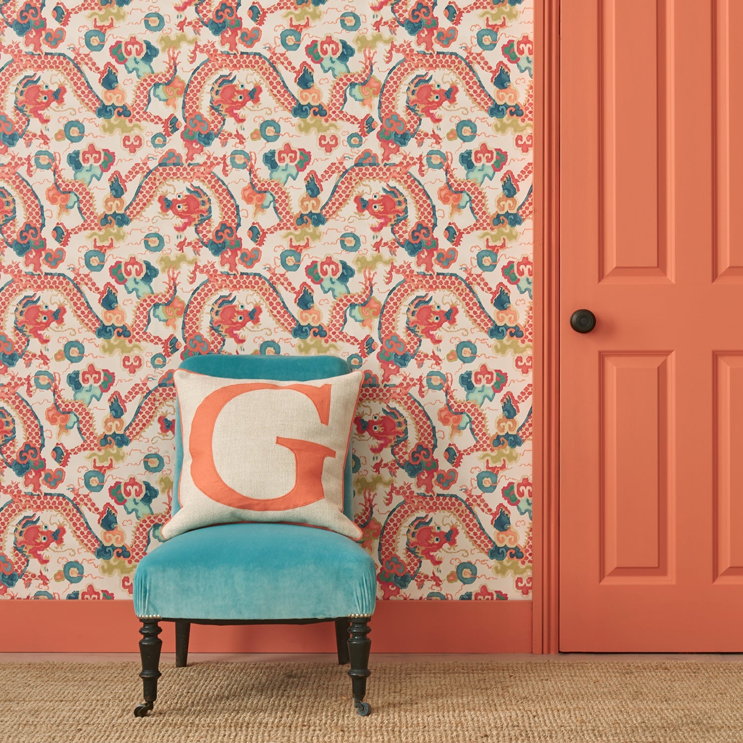 Living room with a statement designer wallpaper with dragon design