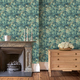 Inspired by an 18th-century garden tapestry, this blue wallpaper features the timeless beauty of English Oak canopies