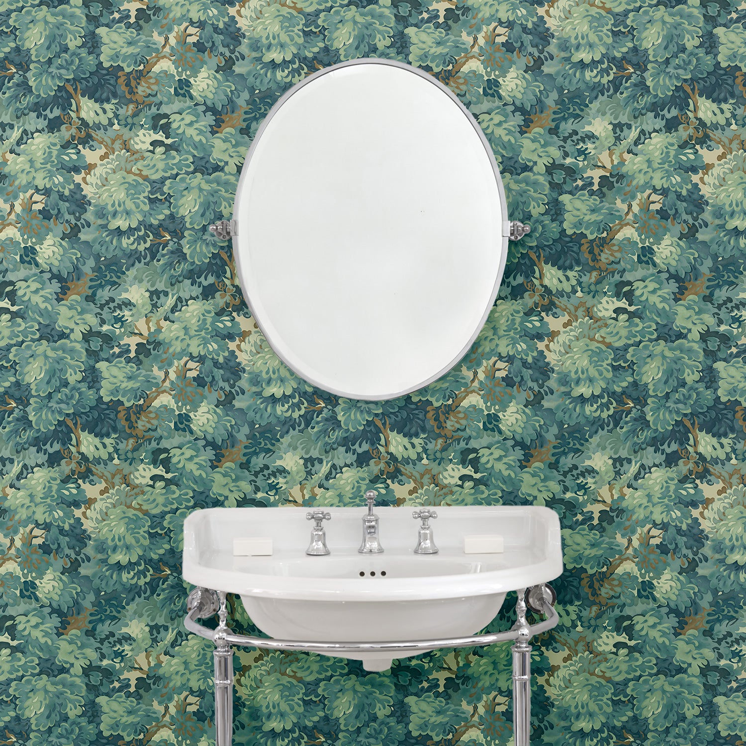 Inspired by an 18th-century garden tapestry, this blue wallpaper features the timeless beauty of English Oak canopies
