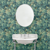 Inspired by an 18th-century garden tapestry, this blue wallpaper features the timeless beauty of English Oak canopies