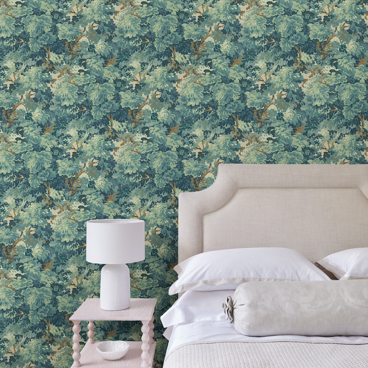 Inspired by an 18th-century garden tapestry, this blue wallpaper features the timeless beauty of English Oak canopies