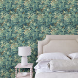 Inspired by an 18th-century garden tapestry, this blue wallpaper features the timeless beauty of English Oak canopies
