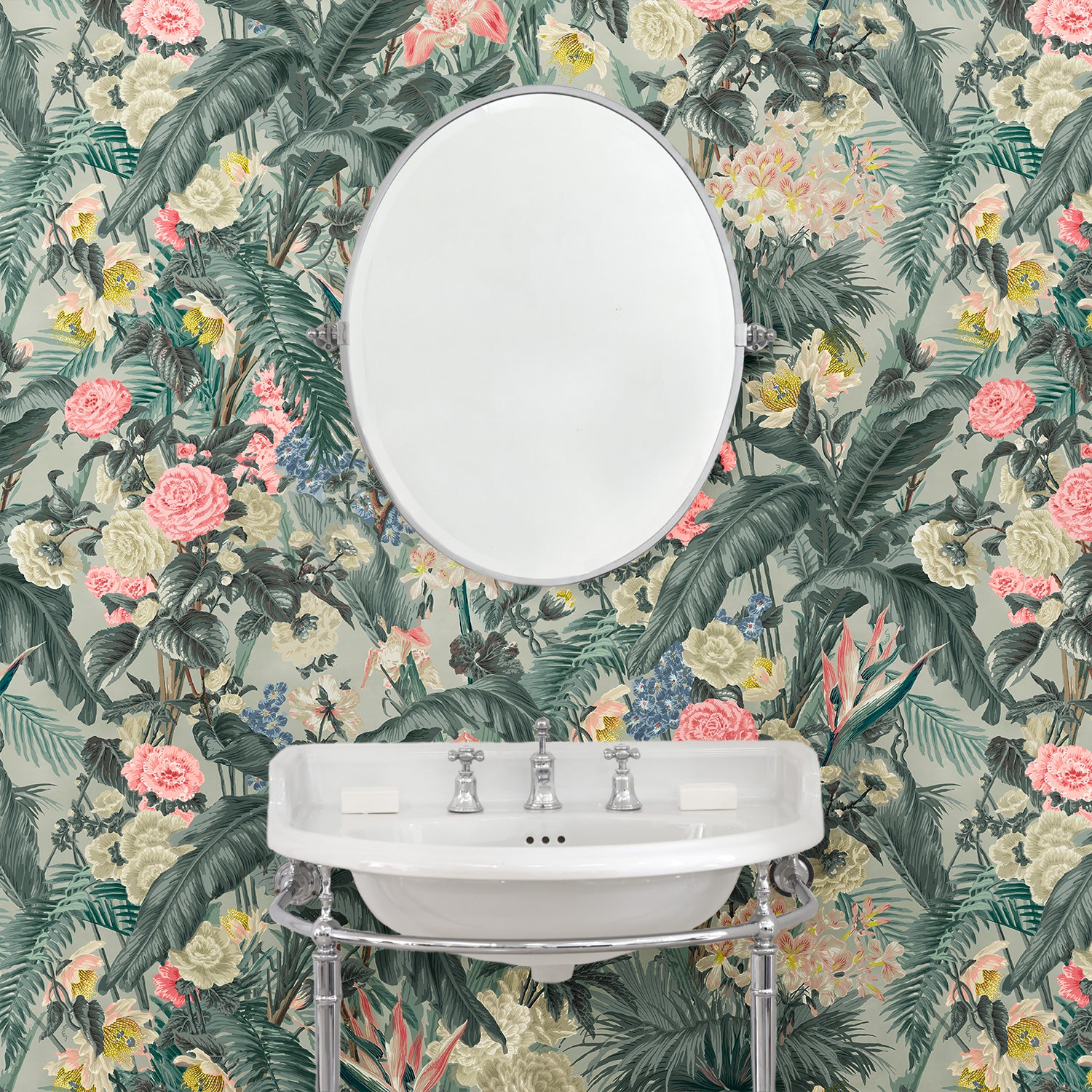 Tropical Bathroom with Carnival Wallpaper and Cream Vanity Cabinets   Cottage  Bathroom