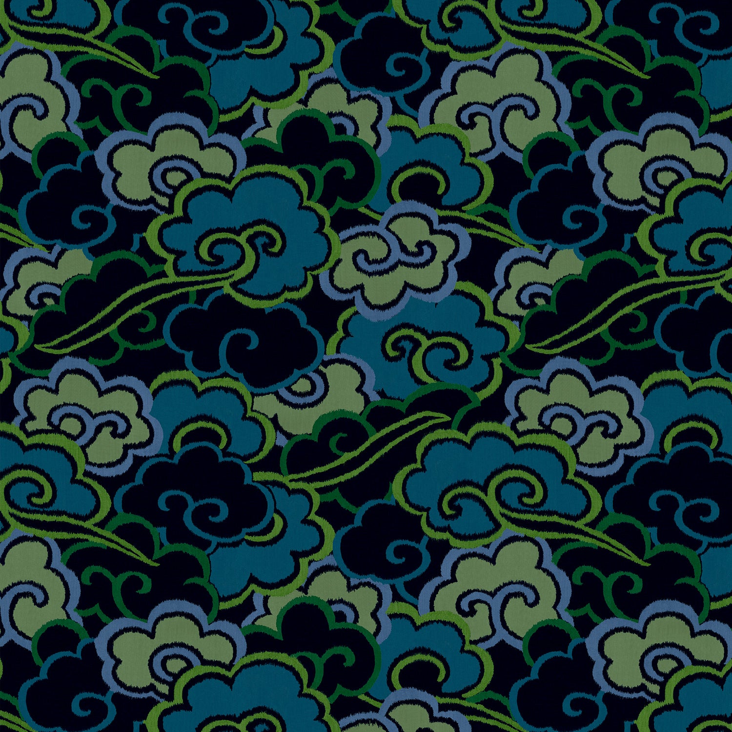 Inspired by a Japanese kimono, this designer wallpaper features an enchanting pattern of large abstract clouds.