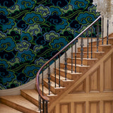 Inspired by a Japanese kimono, this designer wallpaper features an enchanting pattern of large abstract clouds. 