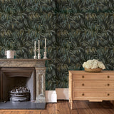Showcasing stylised wisteria, this designer wallpaper features brown and green colours.