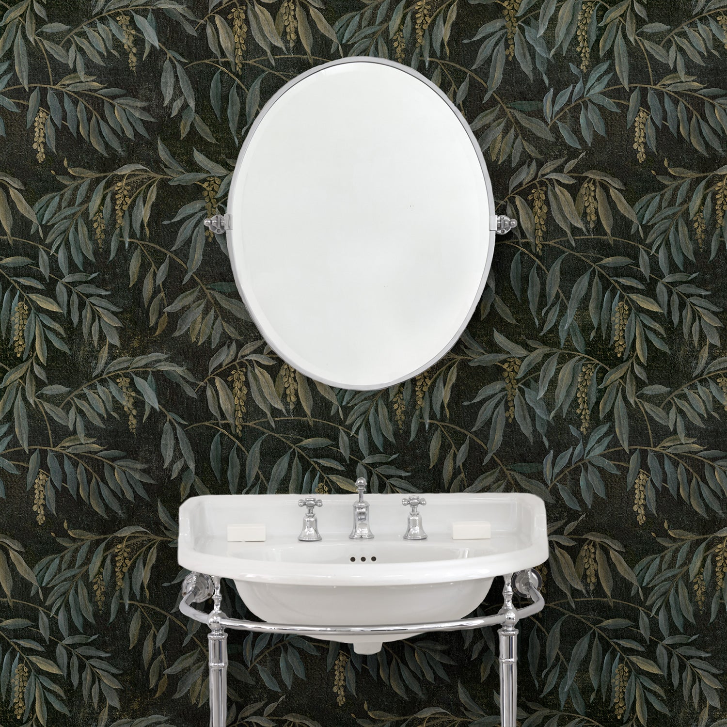 Showcasing stylised wisteria, this designer wallpaper features brown and green colours.