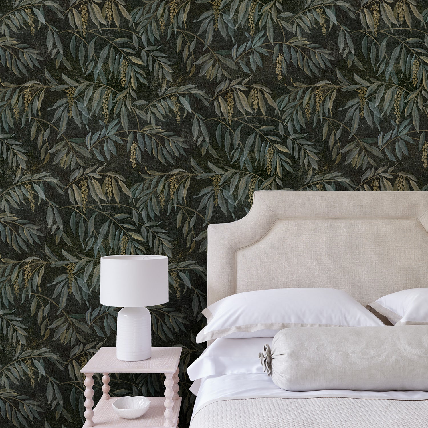 Showcasing stylised wisteria, this designer wallpaper features brown and green colours.