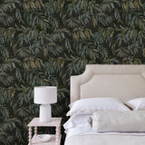 Showcasing stylised wisteria, this designer wallpaper features brown and green colours.