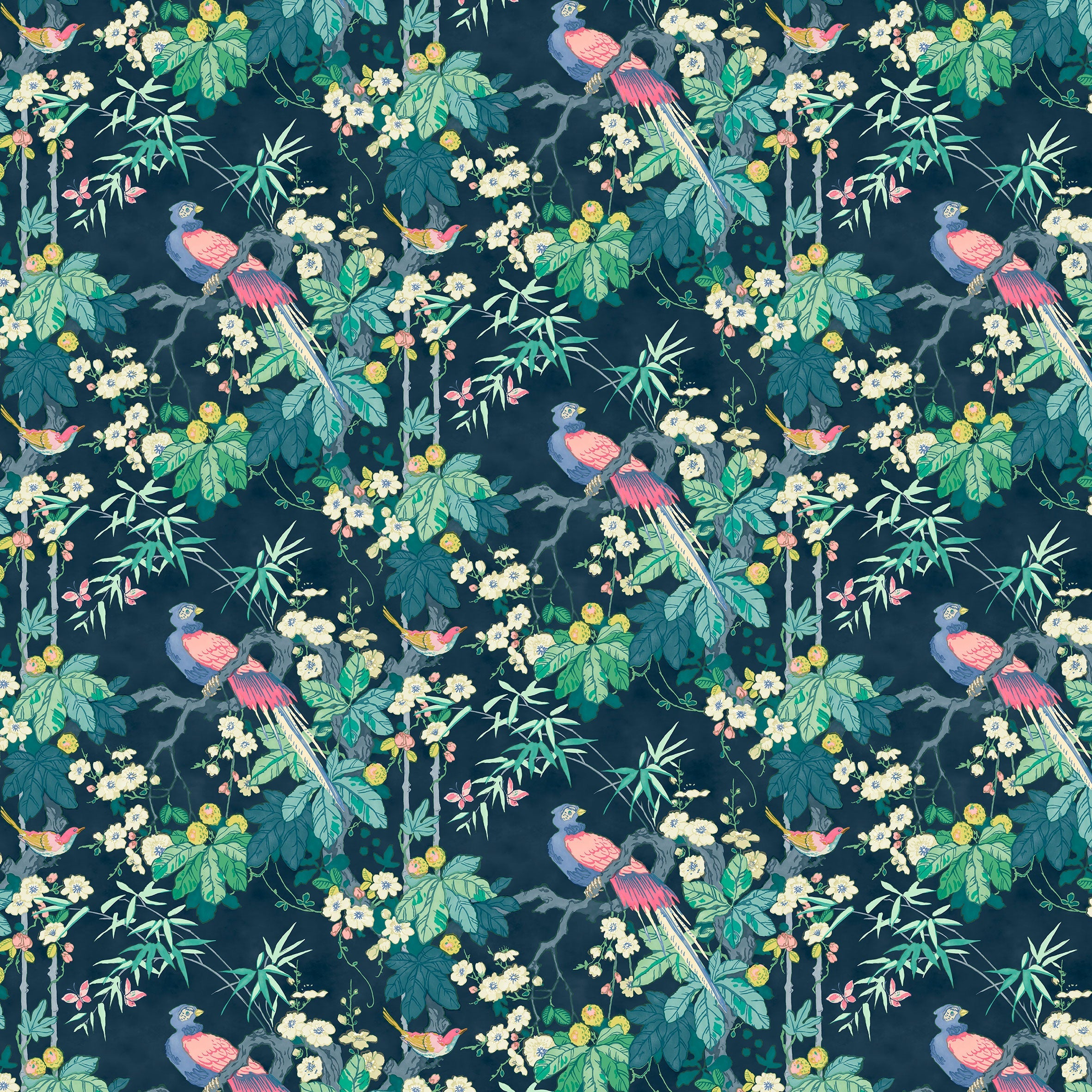 Sample of a navy floral wallpaper with exotic birds.