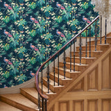 Hallway featuring a navy floral wallpaper with exotic birds.