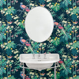 Bathroom featuring a navy floral wallpaper with exotic birds.