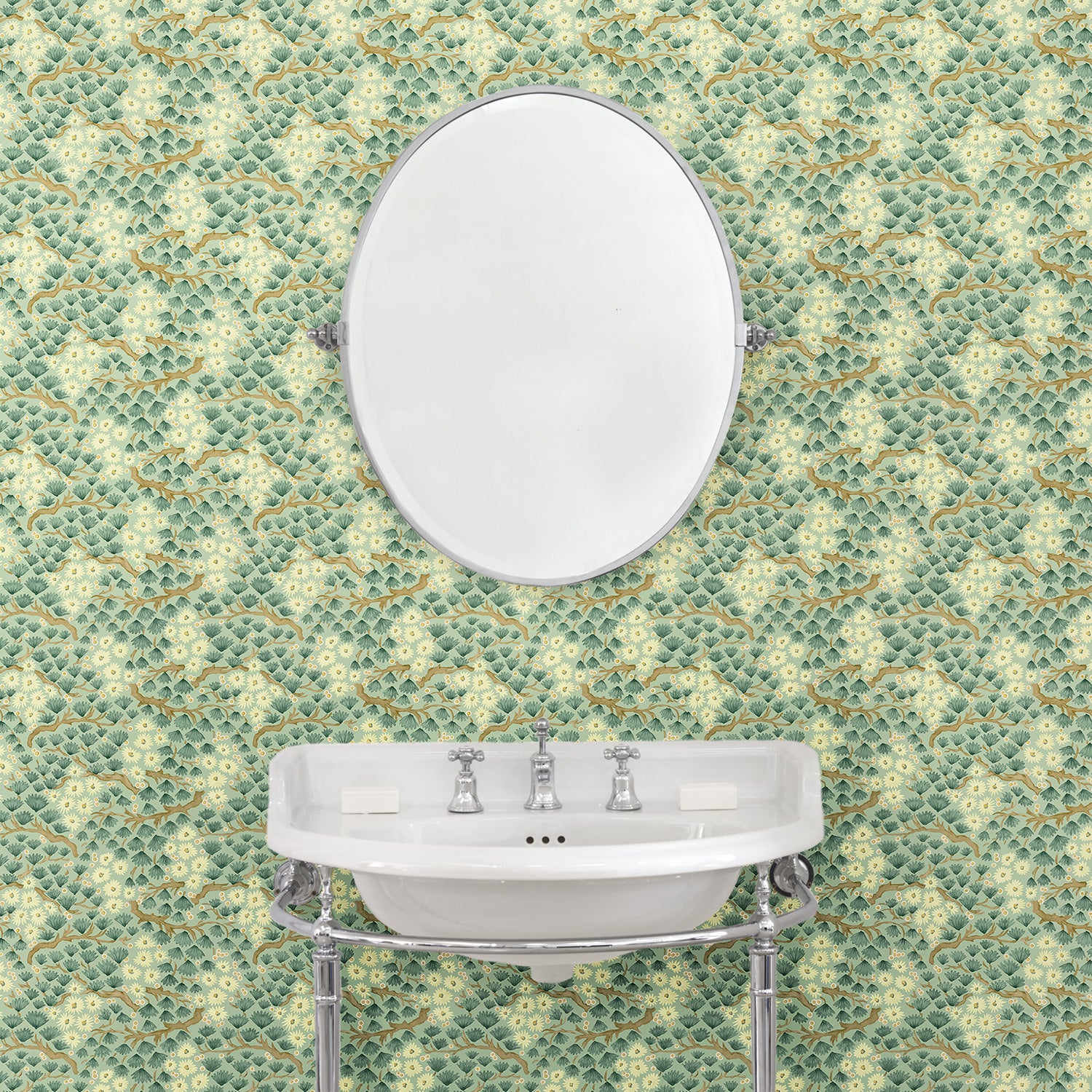 Capturing the beauty of the forest floor, this green wallpaper features leaves and flowers