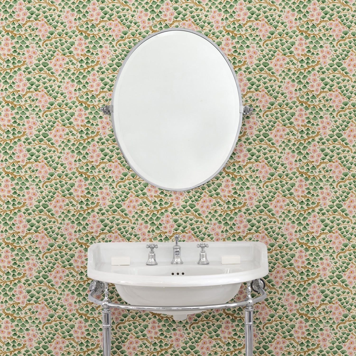 Capturing the beauty of the forest floor, this pink wallpaper features leaves and flowers