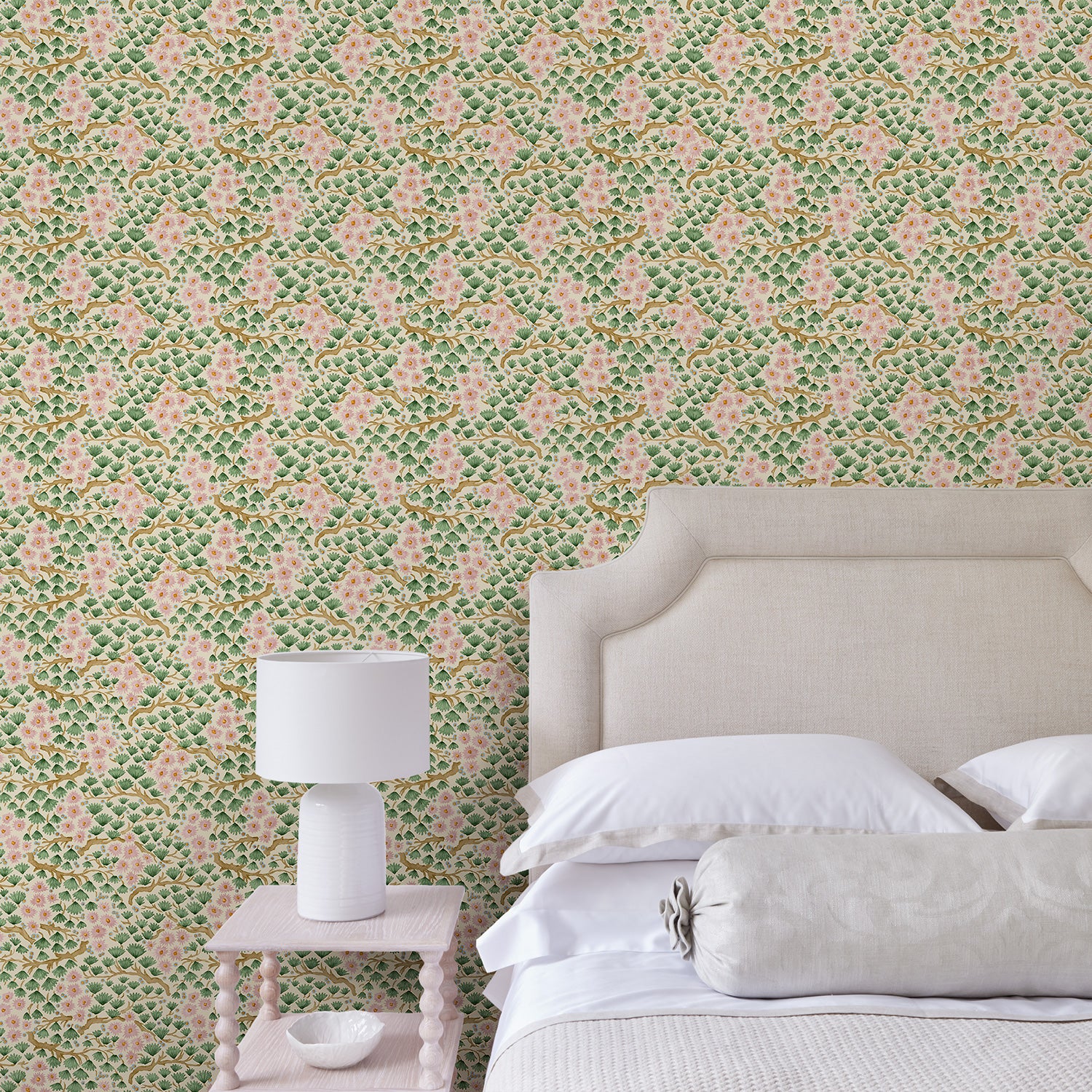 Capturing the beauty of the forest floor, this pink wallpaper features leaves and flowers