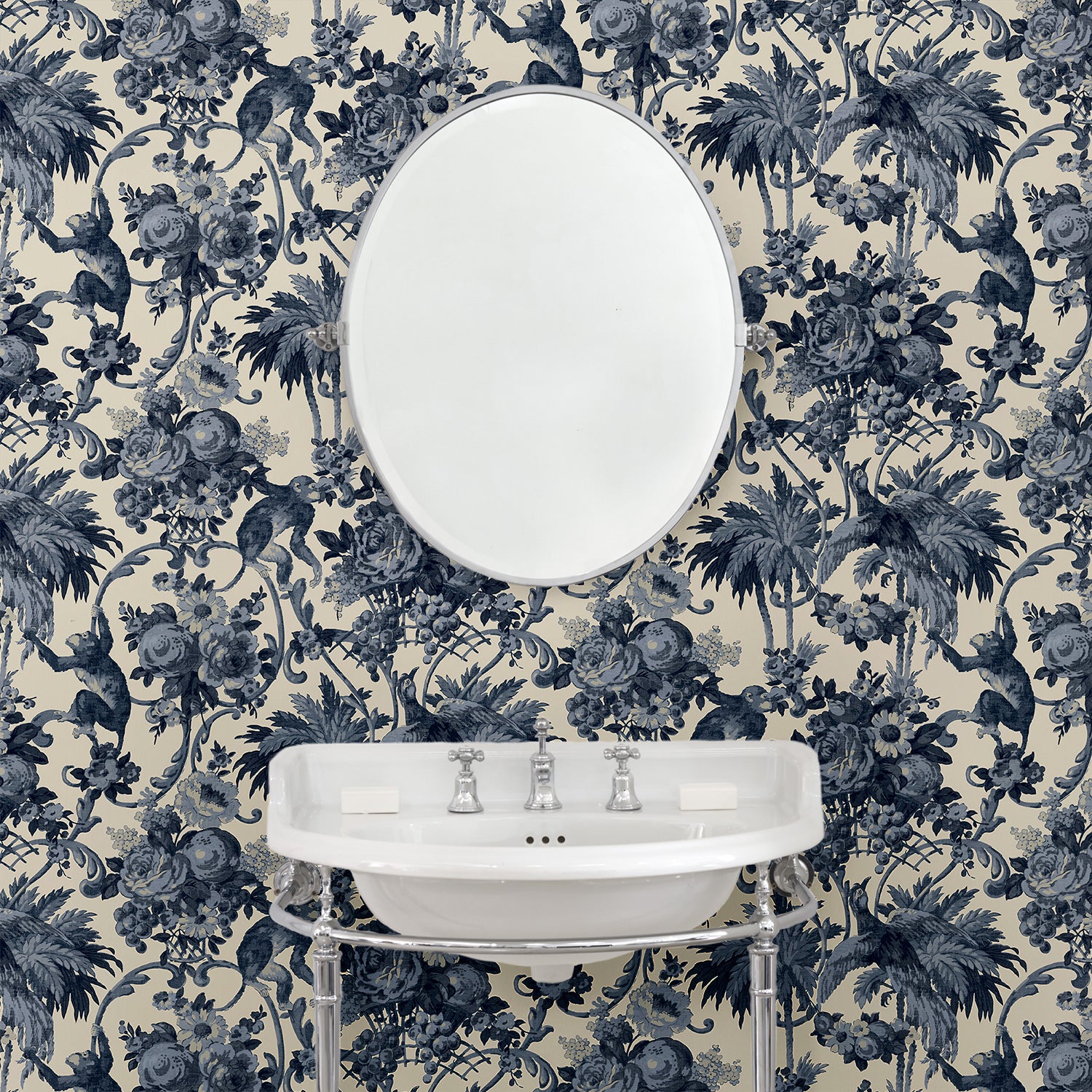 Tropical wallpaper with a classic monkey pattern in a bathroom.