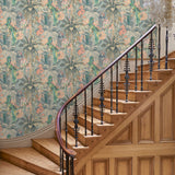 Tropical wallpaper in blue, shown in a hallway.
