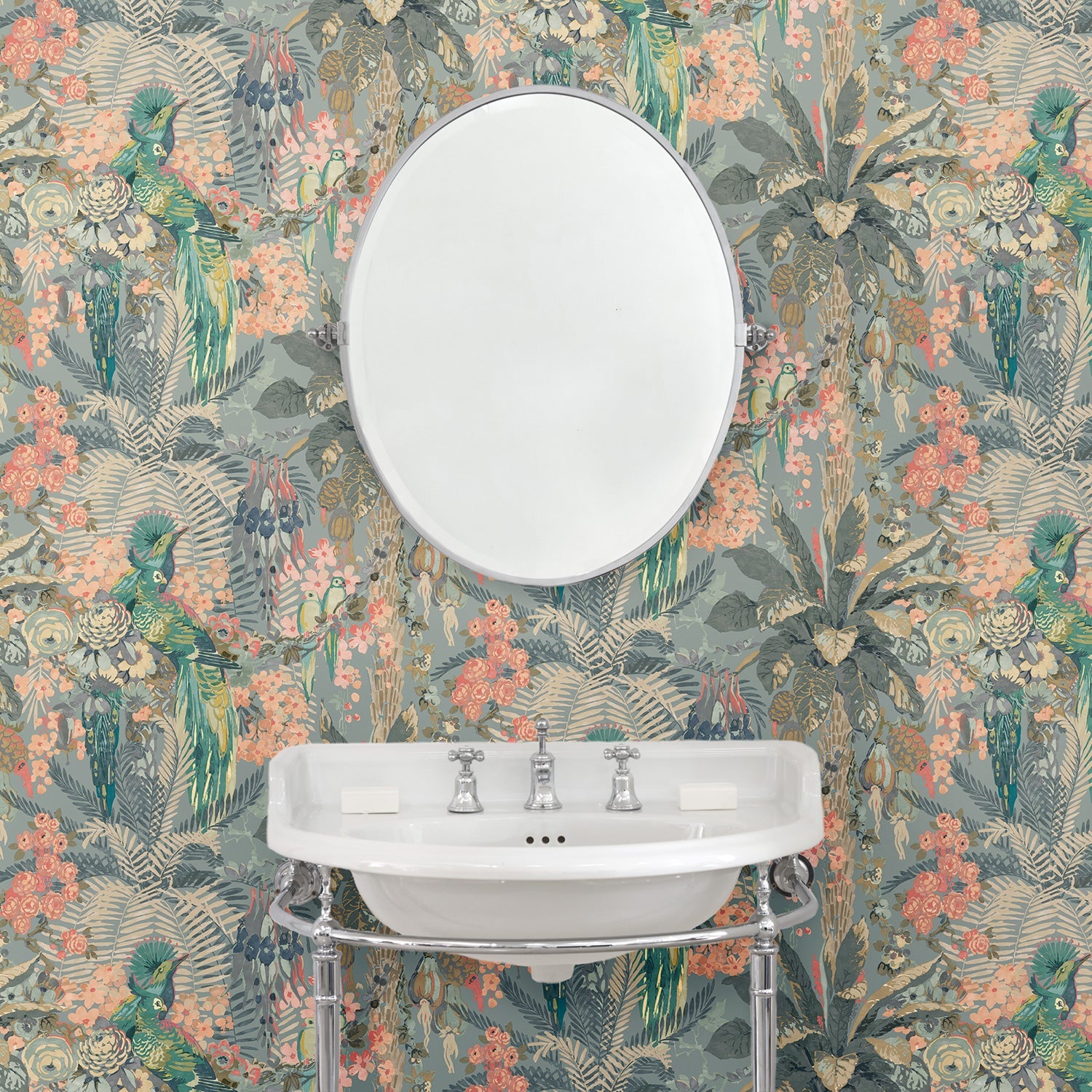 Tropical wallpaper in blue, shown in a bathroom.