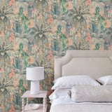 Tropical wallpaper in blue, shown in a bedroom.