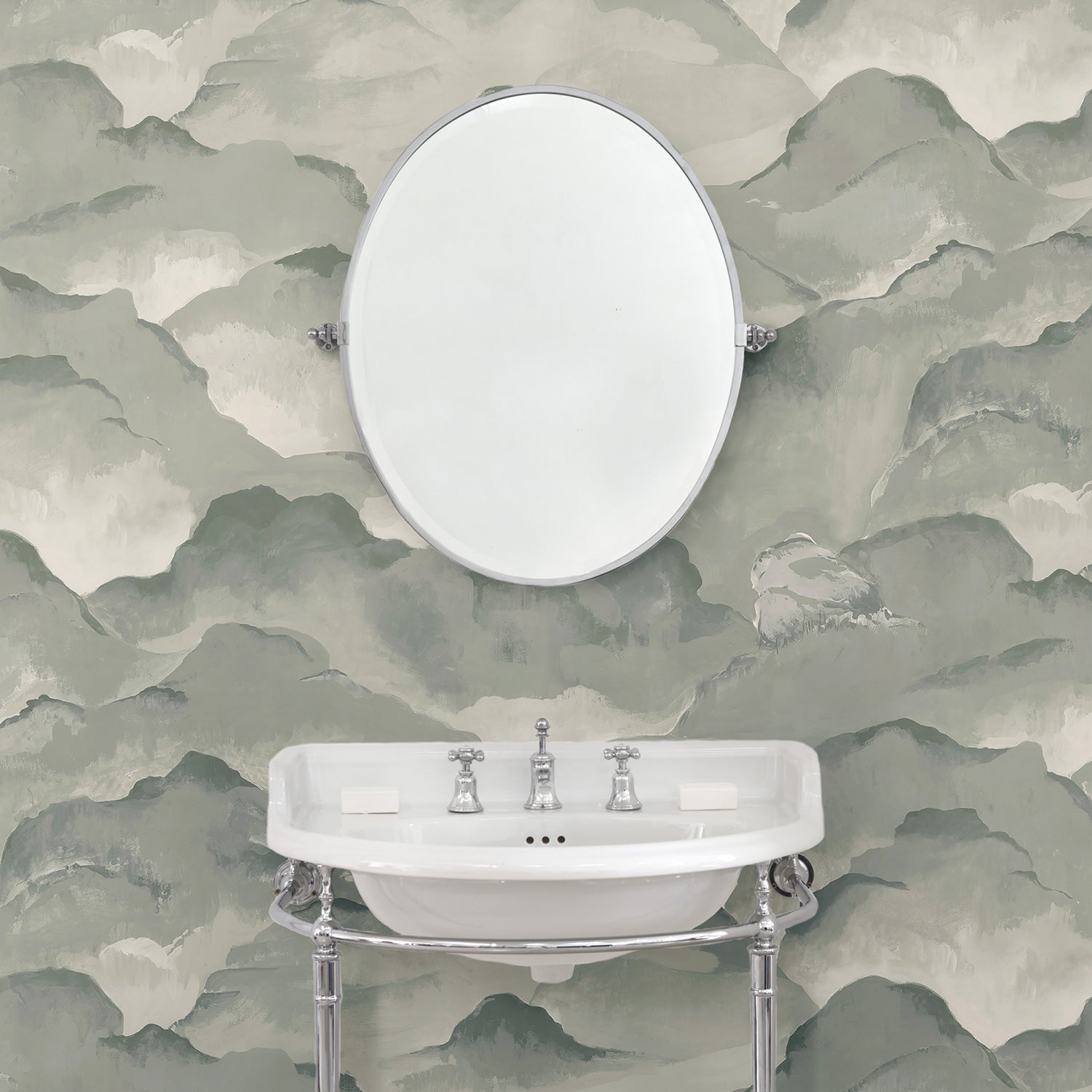 Cloakroom with an abstract wallpaper in a monotone colourway.