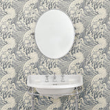 Cloakroom with stylish abstract wallpaper featuring dramatic, undulating waves.