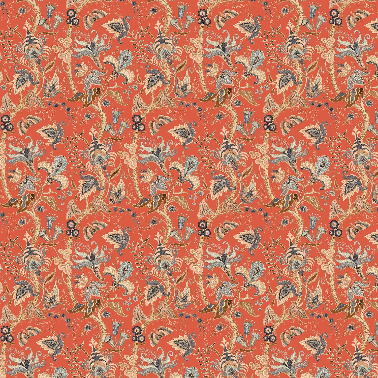 Sample of a tropical wallpaper in chilli showcasing beautiful botanicals and butterflies.