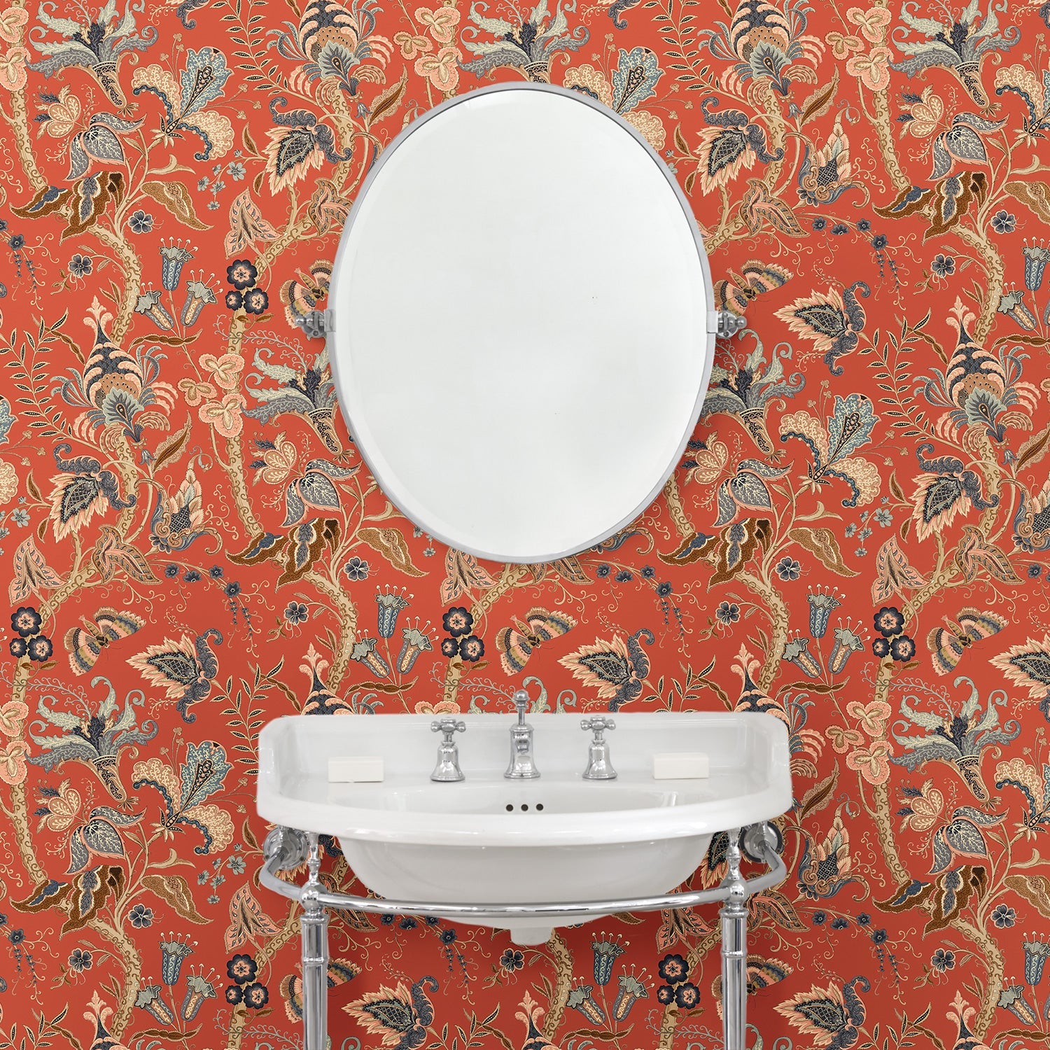 Bathroom with a tropical wallpaper in chilli showcasing beautiful botanicals and butterflies.